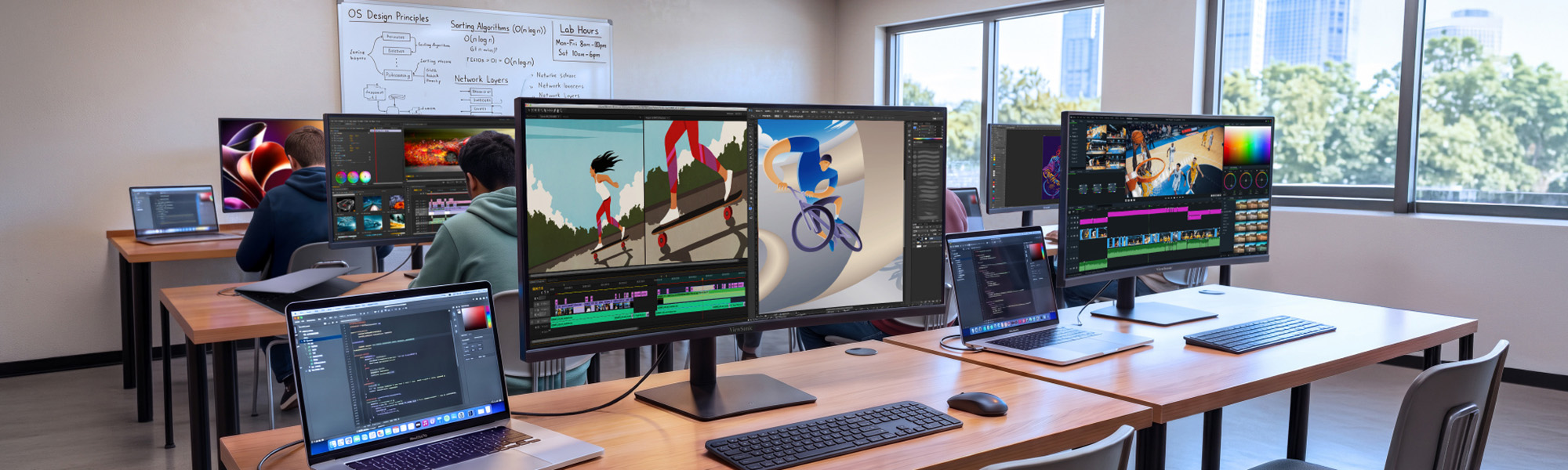 an ultrawide monitor on the desk in an executive office