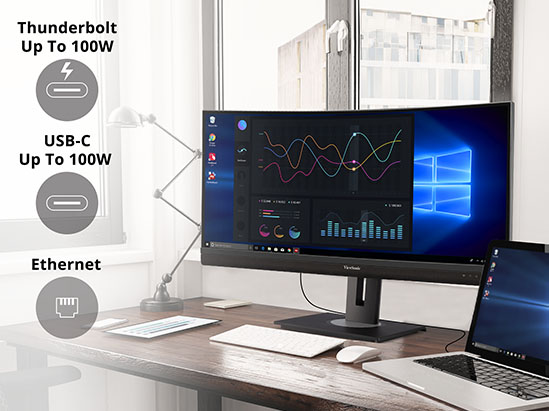 a docking monitor with logos for associated features