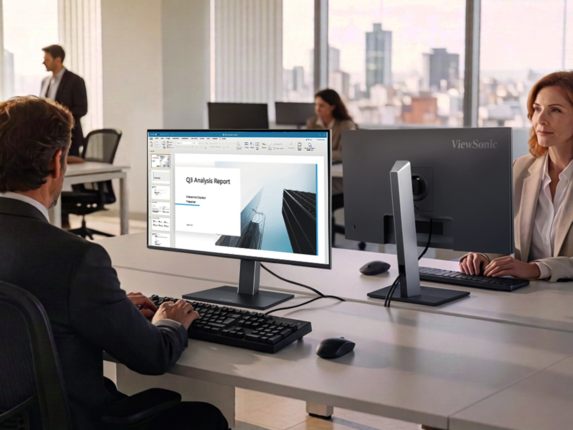 An open floor-plan office full of business people.