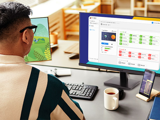a teacher at a desk using viewsonic software