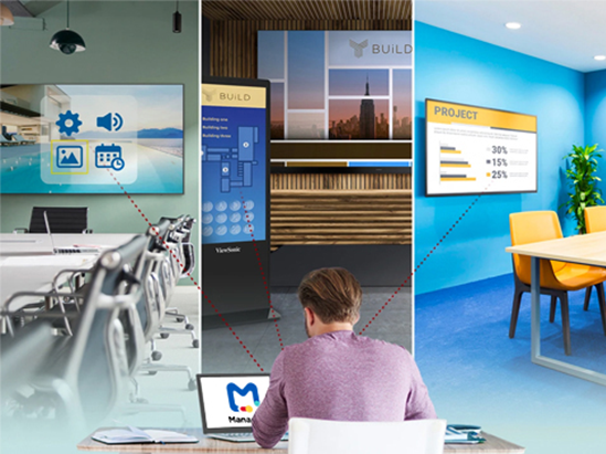 a man managing content to different areas of his office building