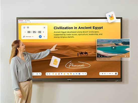 a teacher pointing at a viewboard display