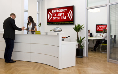 Emergency Alert message shown on ViewSonc CDE30 display in an office lobby