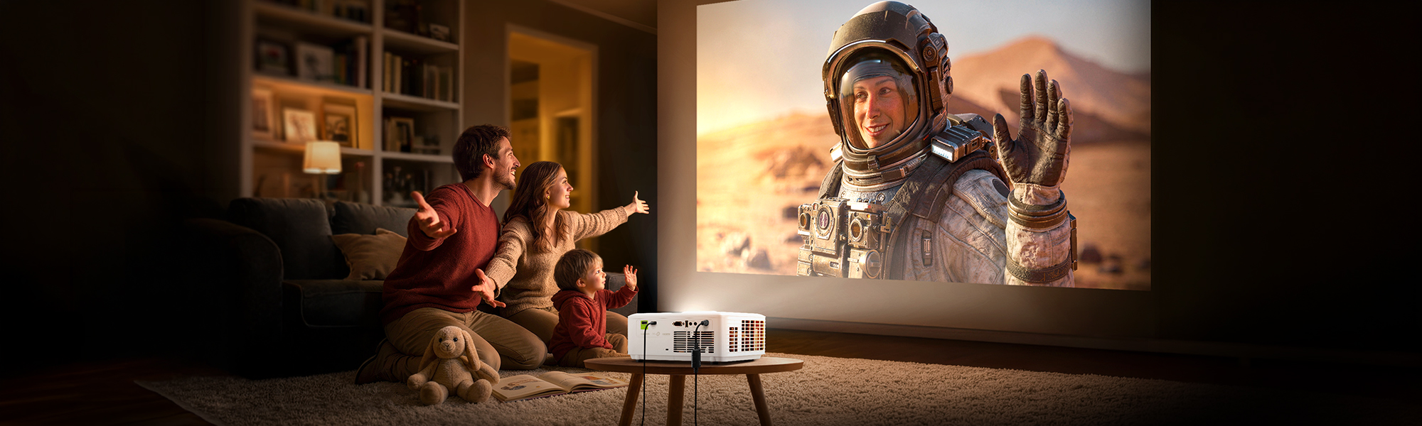 an ultra-short throw projector in a living room