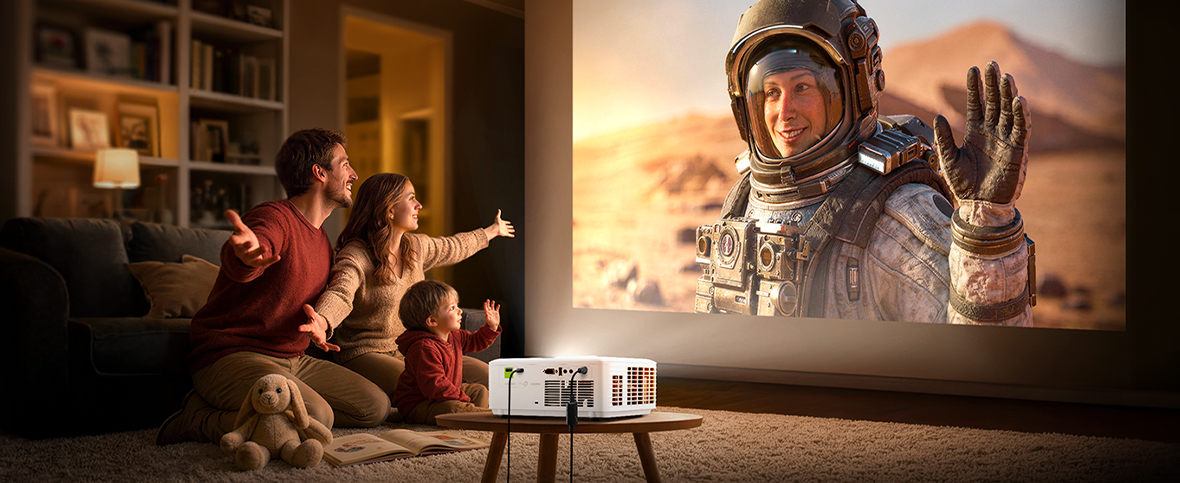 an ultra-short throw projector in a living room