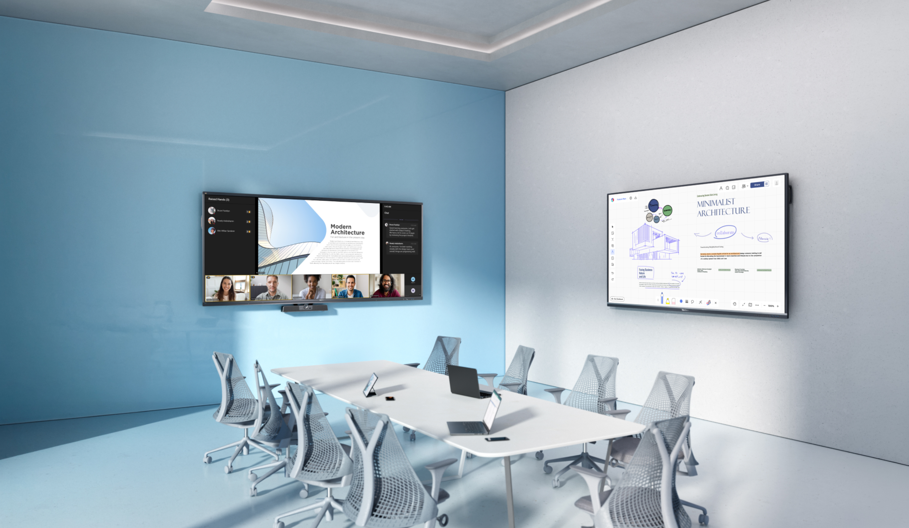 Meeting table with a Viewboard on each wall