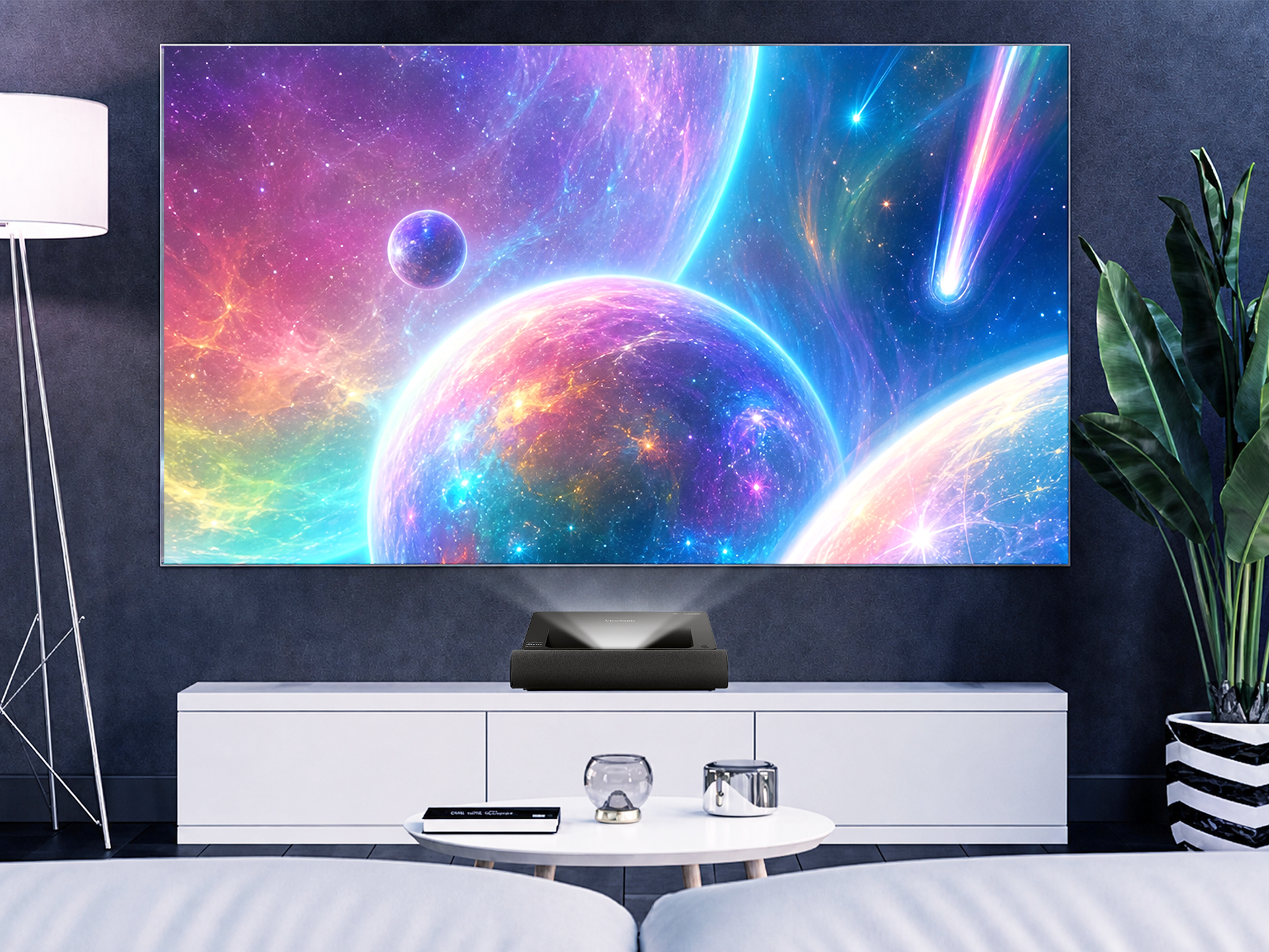 an ultra-short throw projector in a living room