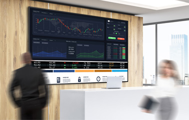 ViewSonic LDP216-121 on the wall in a busy office lobby