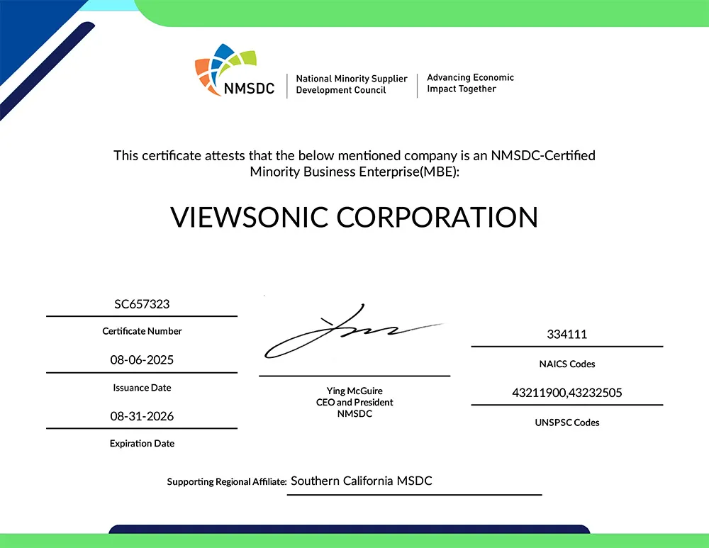 ViewSonic Corp Minority Owned Business certificate