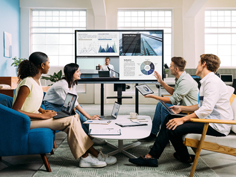 Multiple meeting participants casting their content to a ViewBoard on a mobile cart