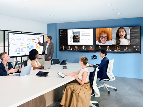 Meeting room with in person and remote participants. ViewBoards on the wall and a ViewBoard on a mobile cart