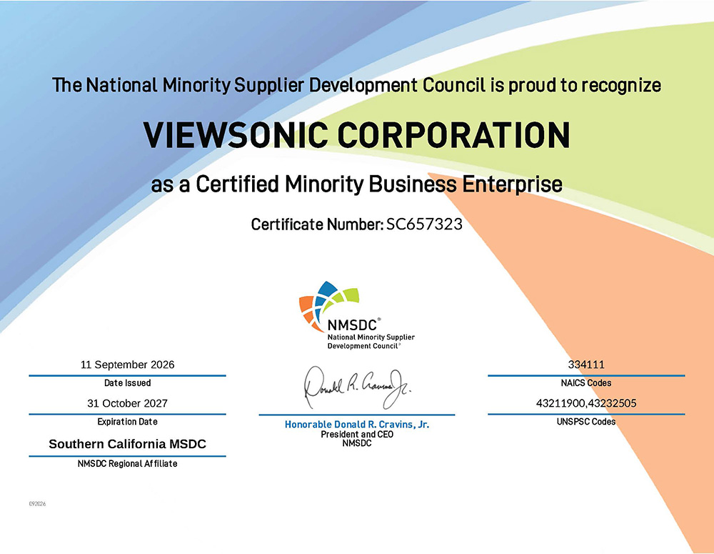ViewSonic Corp Minority Owned Business certificate