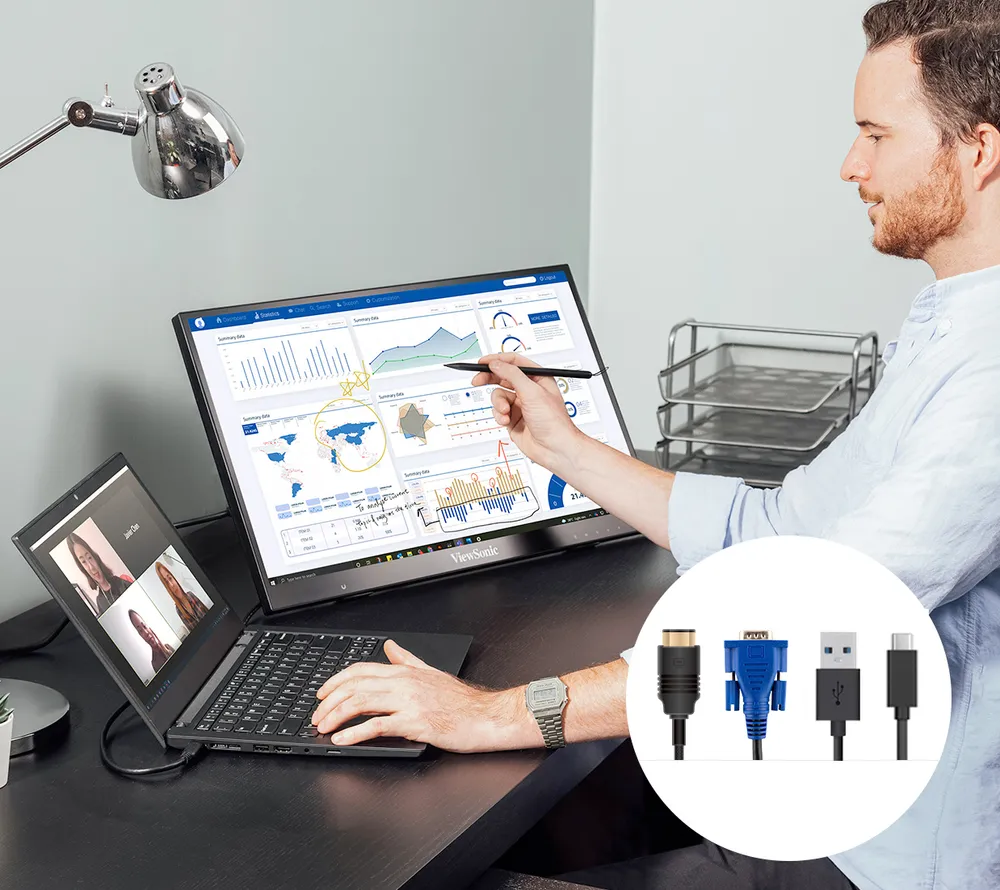 man using ID2456 to annotate on an infographic while collaborating via videoconferencing