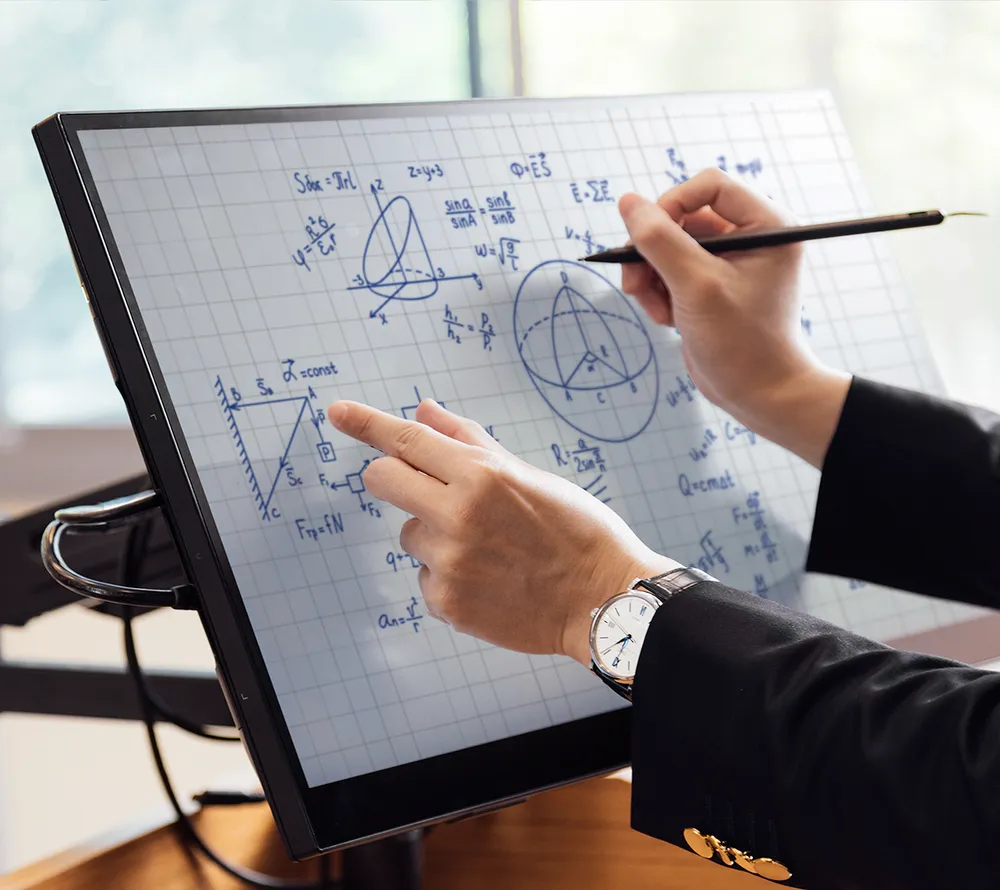 touchscreen with worker solving a math problem with pen and fingers