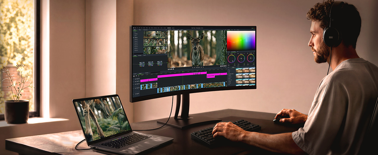 a man sits at an ultrawide monitor with a video timeline in front of him