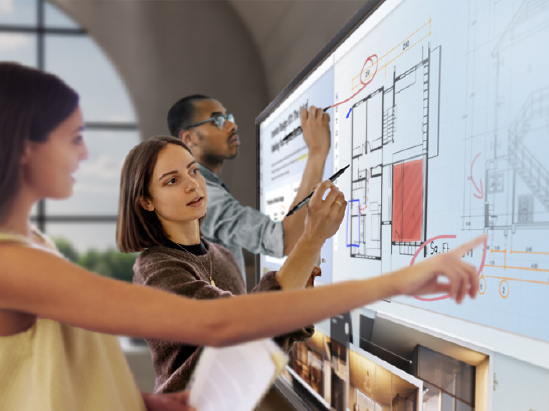 team members collaborate using a ViewBoard touch screen