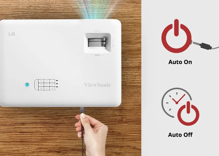 projector showing auto-on and auto-off features