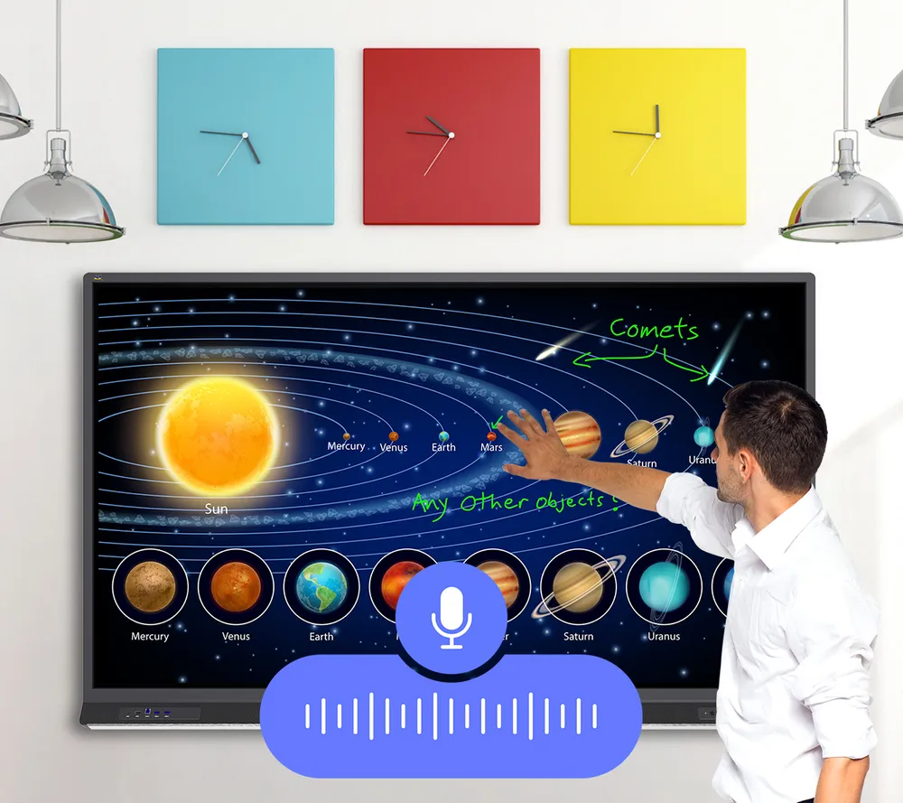 instructor touching Viewboard with solar system on the screen. Microphone icon.