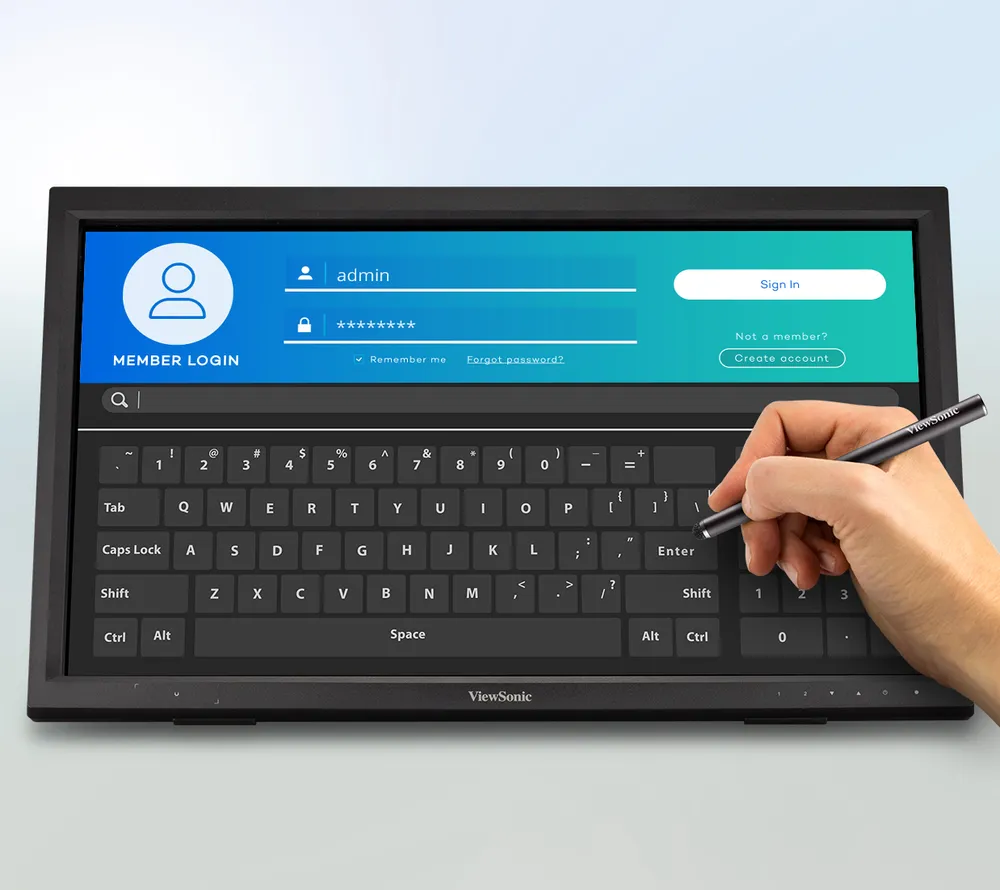 touchscreen display with a person using a pen to enter information via an onscreen keyboard