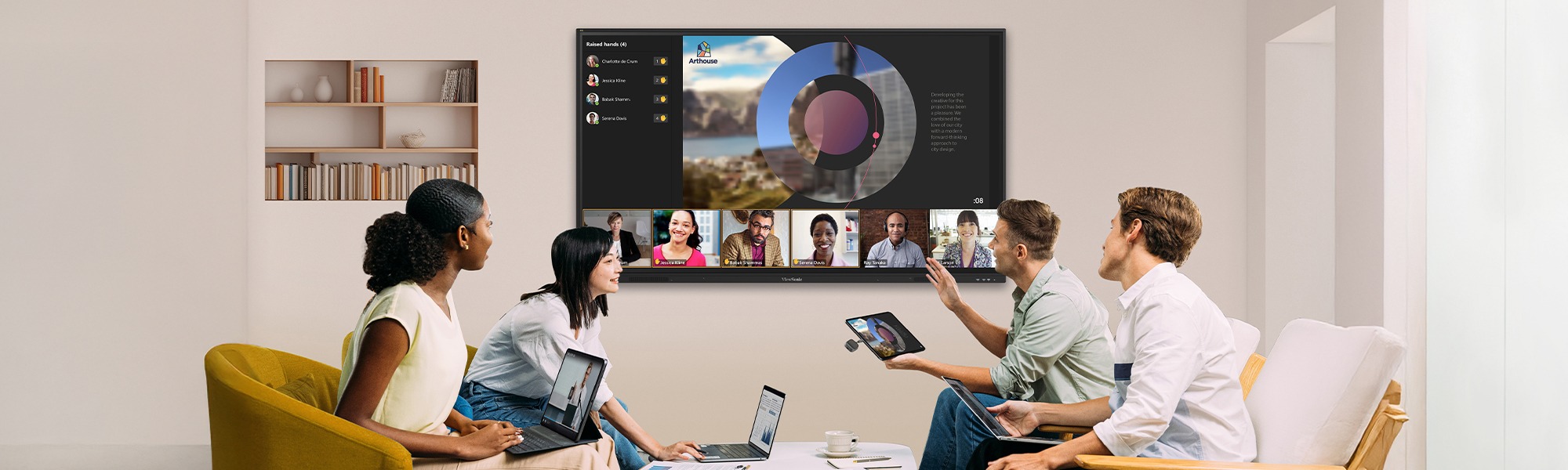 an LCD with people in a meeting