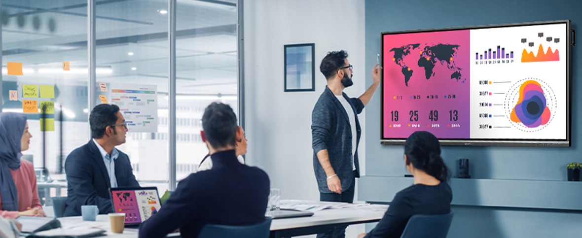 someone gives a presentation to a board room