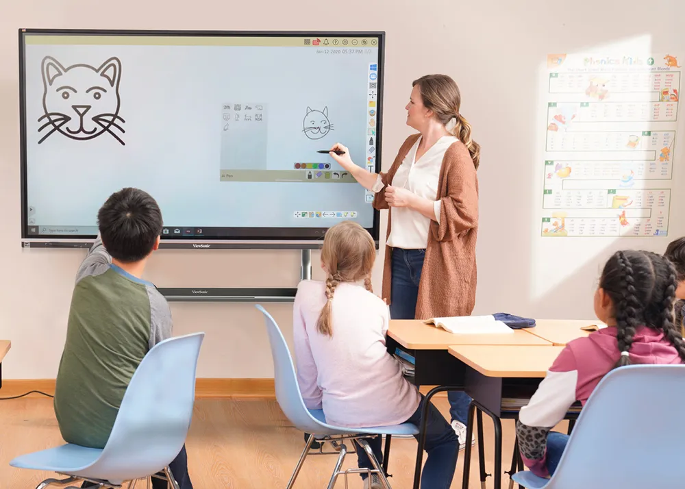 teacher in front of a classroom using a ViewBoard with a trolley cart