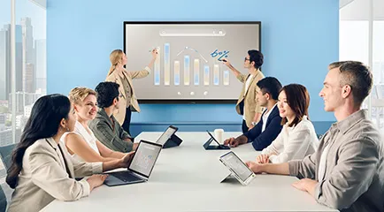 a viewboard in a conference room being used for a video call
