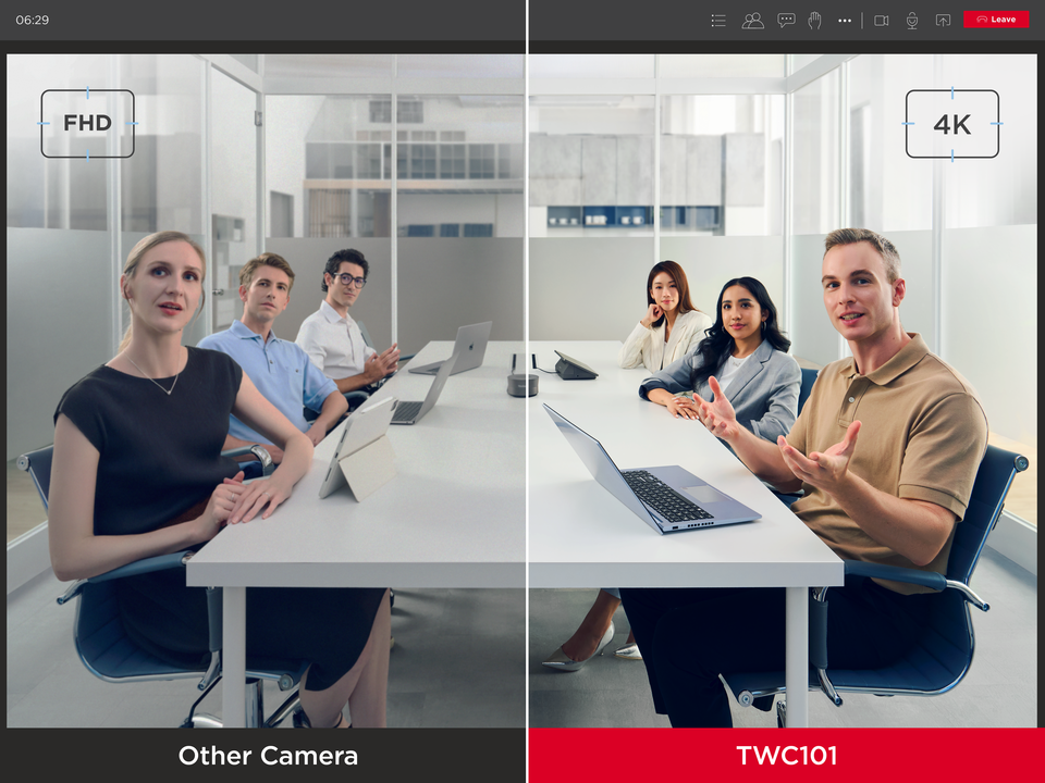 Side-by-side comparison showing clearer 4K video quality from the TWC101 conference camera versus a standard camera in a meeting room.