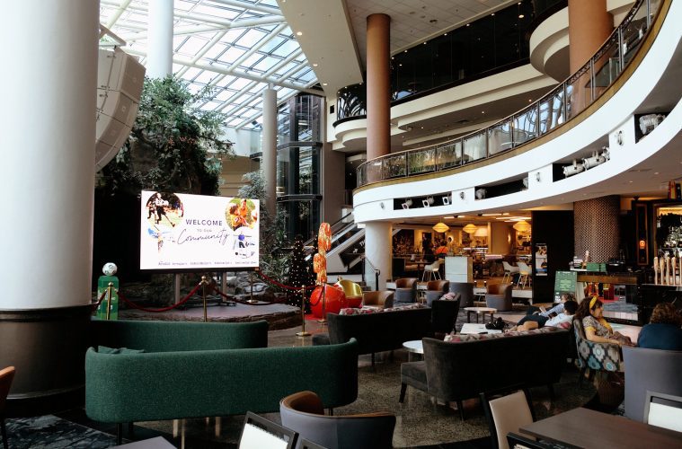 The foldable, mobile All-in-One-LED display can be moved between floors to rejuvenate venues.