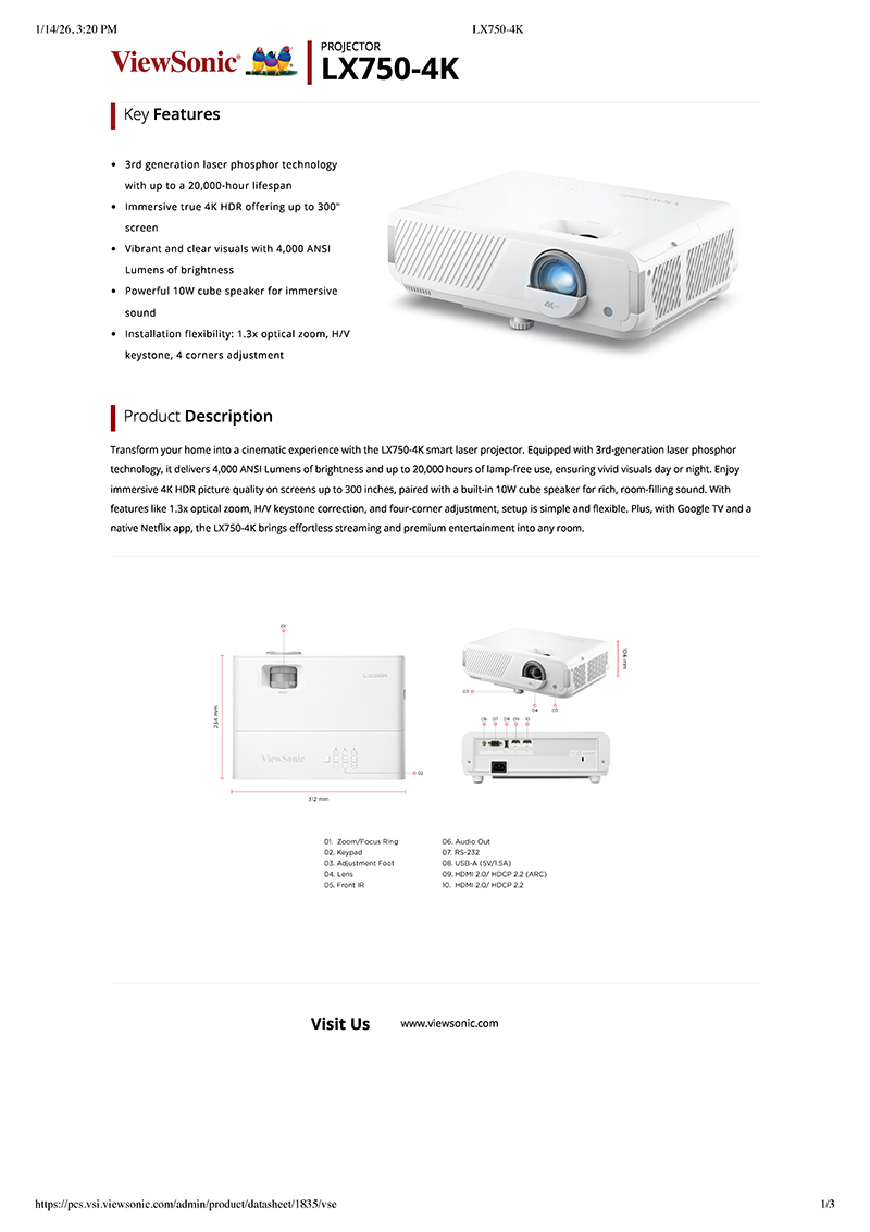 LX750-4K - Datasheet - ViewSonic