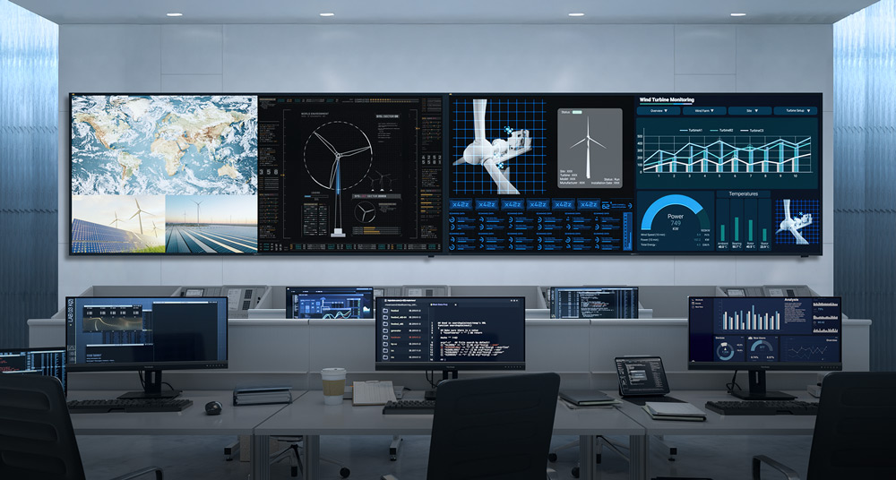Control room with large displays for real-time monitoring and analytics