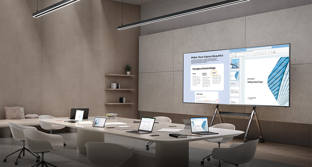 Corporate meeting room with large display for presentations and collaboration
