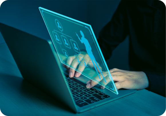 A person using a laptop with a holographic interface, symbolizing digital customer service and sustainable support solutions