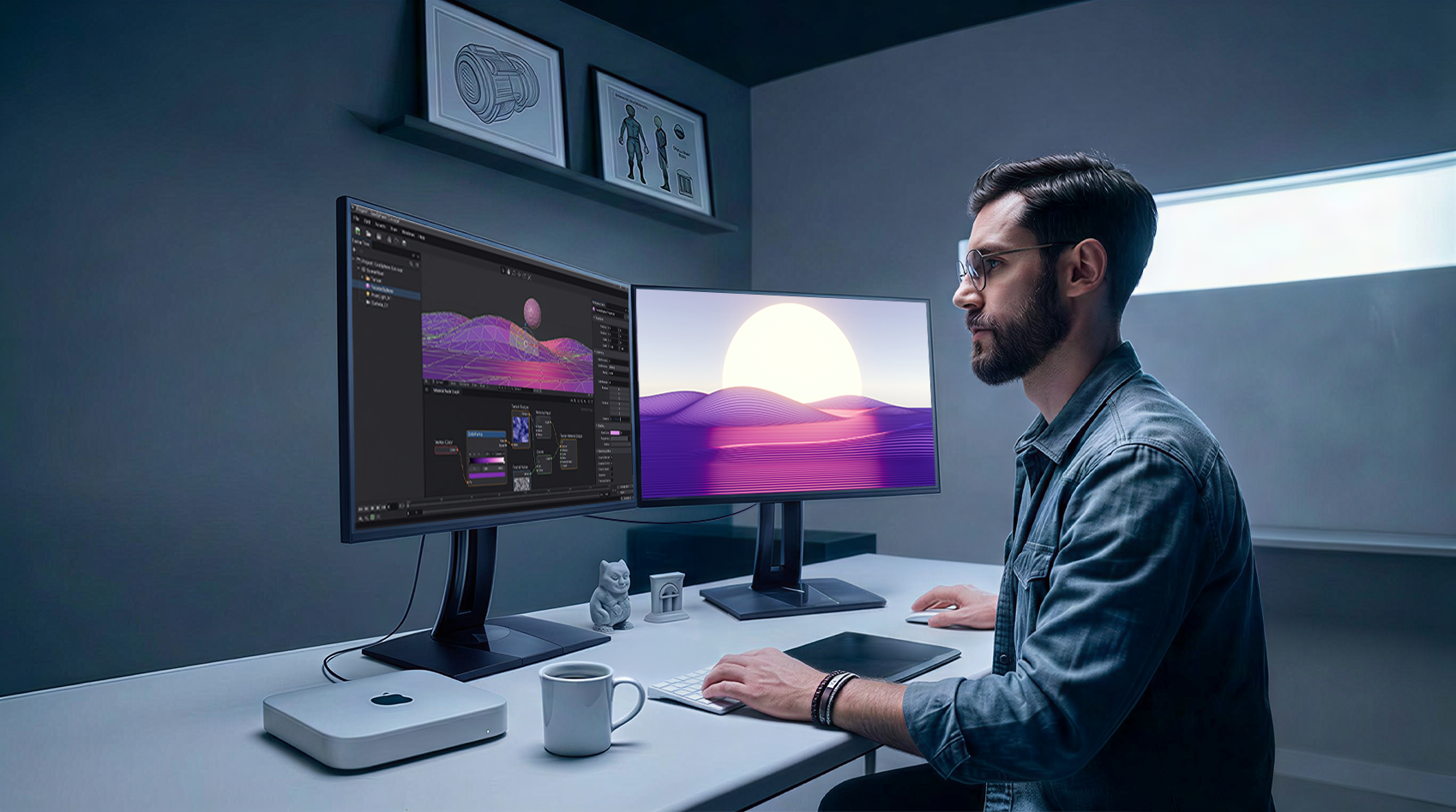 Dual monitor setup using daisy-chaining of ColorPro VP2468A-2 displays.​