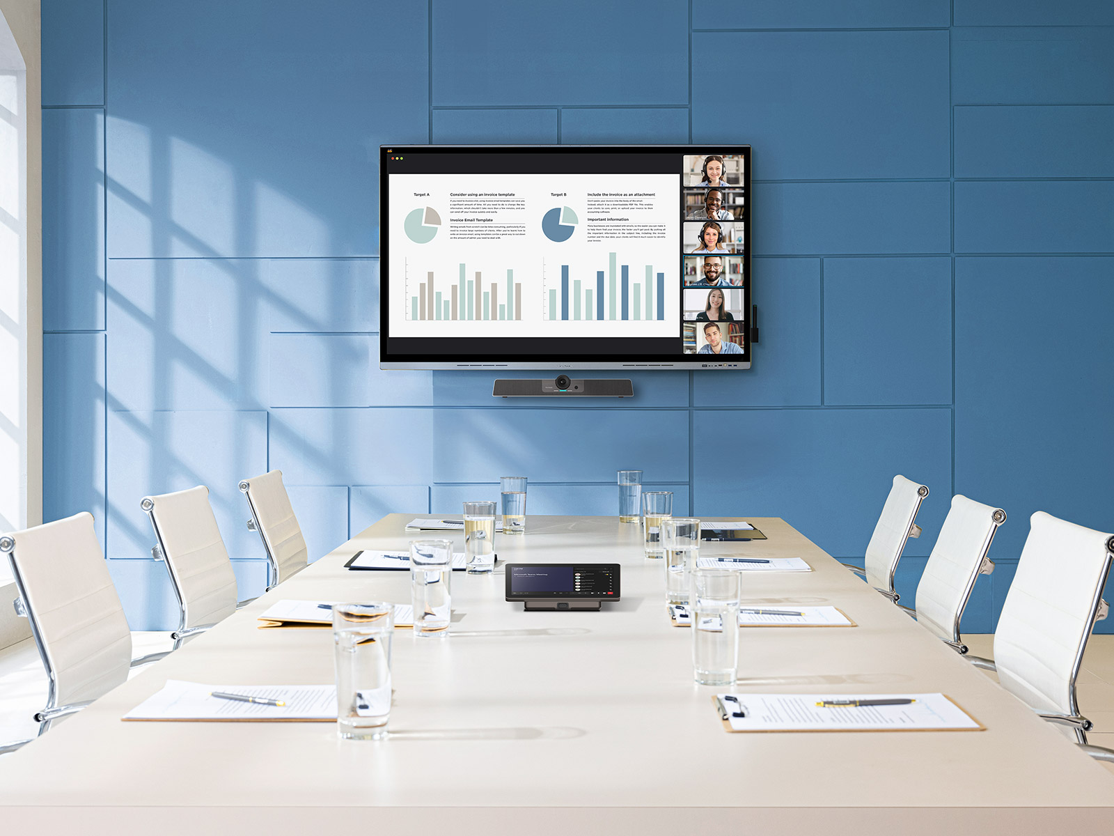 Small meeting room equipped with a ViewSonic collaboration display and TeamJoin Products.