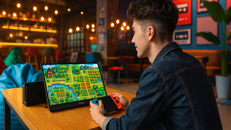 玩家隨時隨地使用可攜式顯示器玩遊戲。