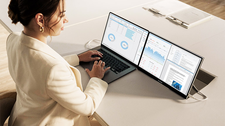 專家使用可攜式顯示器進行多工處理