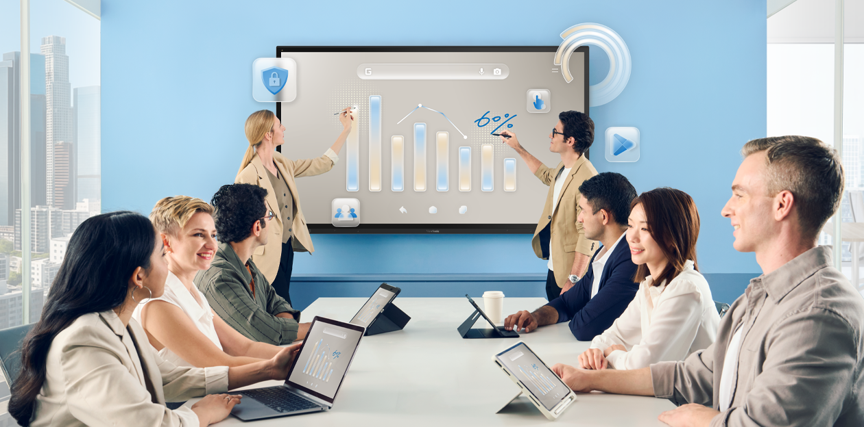 People colaborating in a meeting room using the IFP63