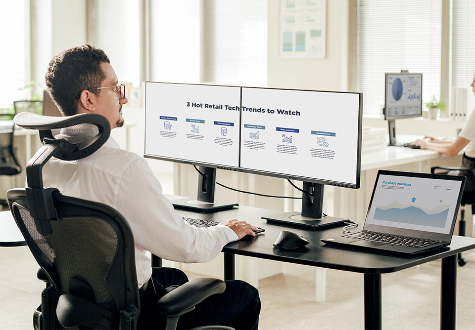 USB-C docking monitor with daisy chain for dual-screen setup.