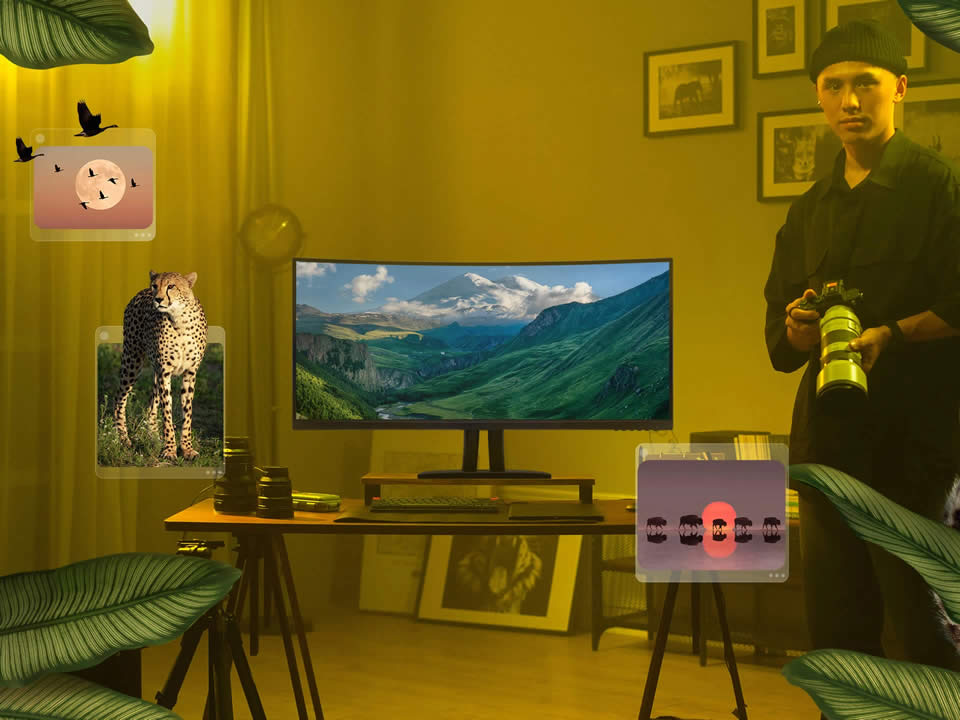 Konfiguracja studia kreatywnego z ultraszerokim monitorem ViewSonic do edycji zdjęć, przeglądania filmów i tworzenia treści.